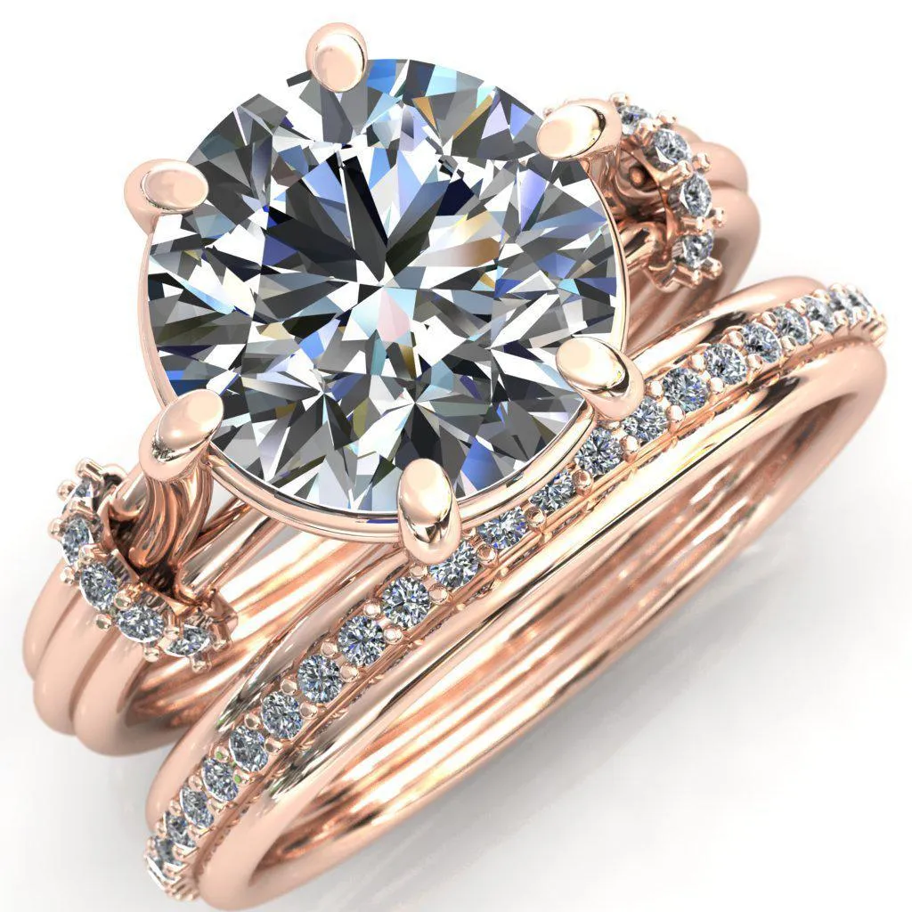 Mona Round Center Stone 6 Claw Prong Diamond Sides Juliette Triple Heart Ring