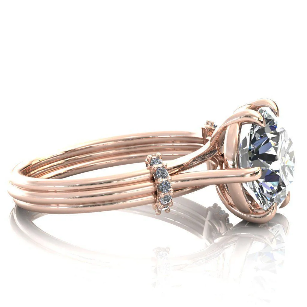 Mona Round Center Stone 6 Claw Prong Diamond Sides Juliette Triple Heart Ring