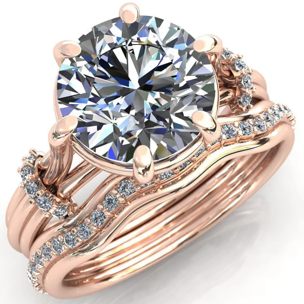 Mona Round Center Stone 6 Claw Prong Diamond Sides Juliette Triple Heart Ring