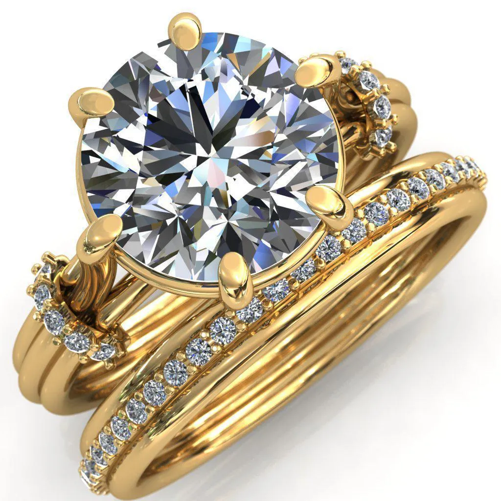 Mona Round Center Stone 6 Claw Prong Diamond Sides Juliette Triple Heart Ring