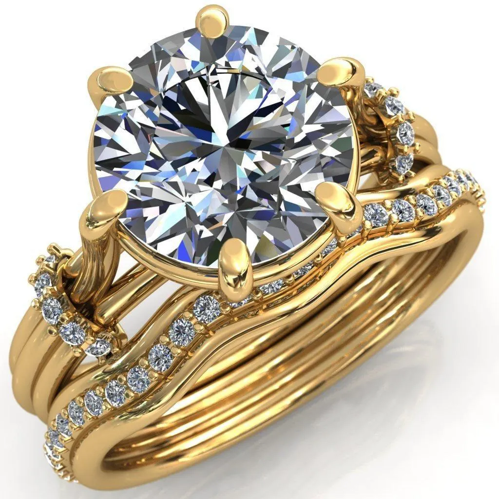 Mona Round Center Stone 6 Claw Prong Diamond Sides Juliette Triple Heart Ring