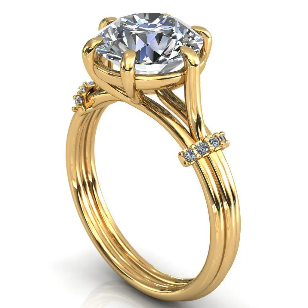 Mona Round Center Stone 6 Claw Prong Diamond Sides Juliette Triple Heart Ring