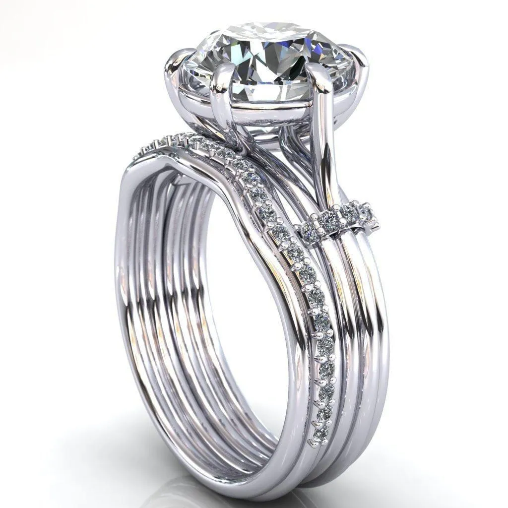 Mona Round Center Stone 6 Claw Prong Diamond Sides Juliette Triple Heart Ring