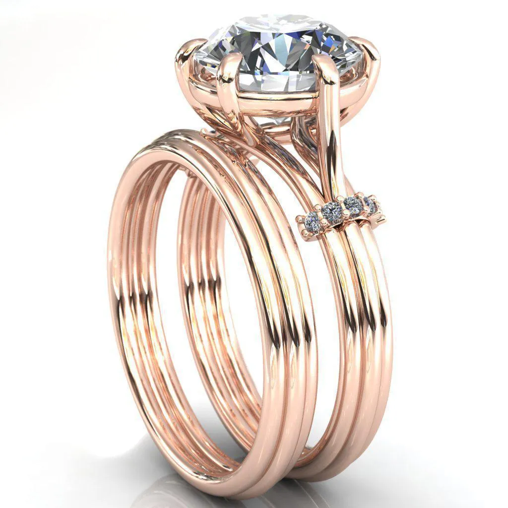Mona Round Center Stone 6 Claw Prong Diamond Sides Juliette Triple Heart Ring