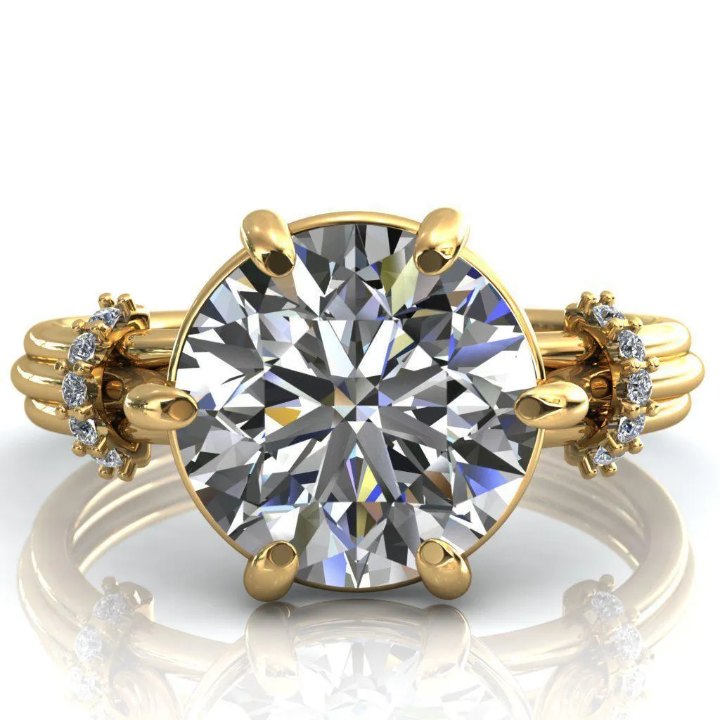 Mona Round Center Stone 6 Claw Prong Diamond Sides Juliette Triple Heart Ring