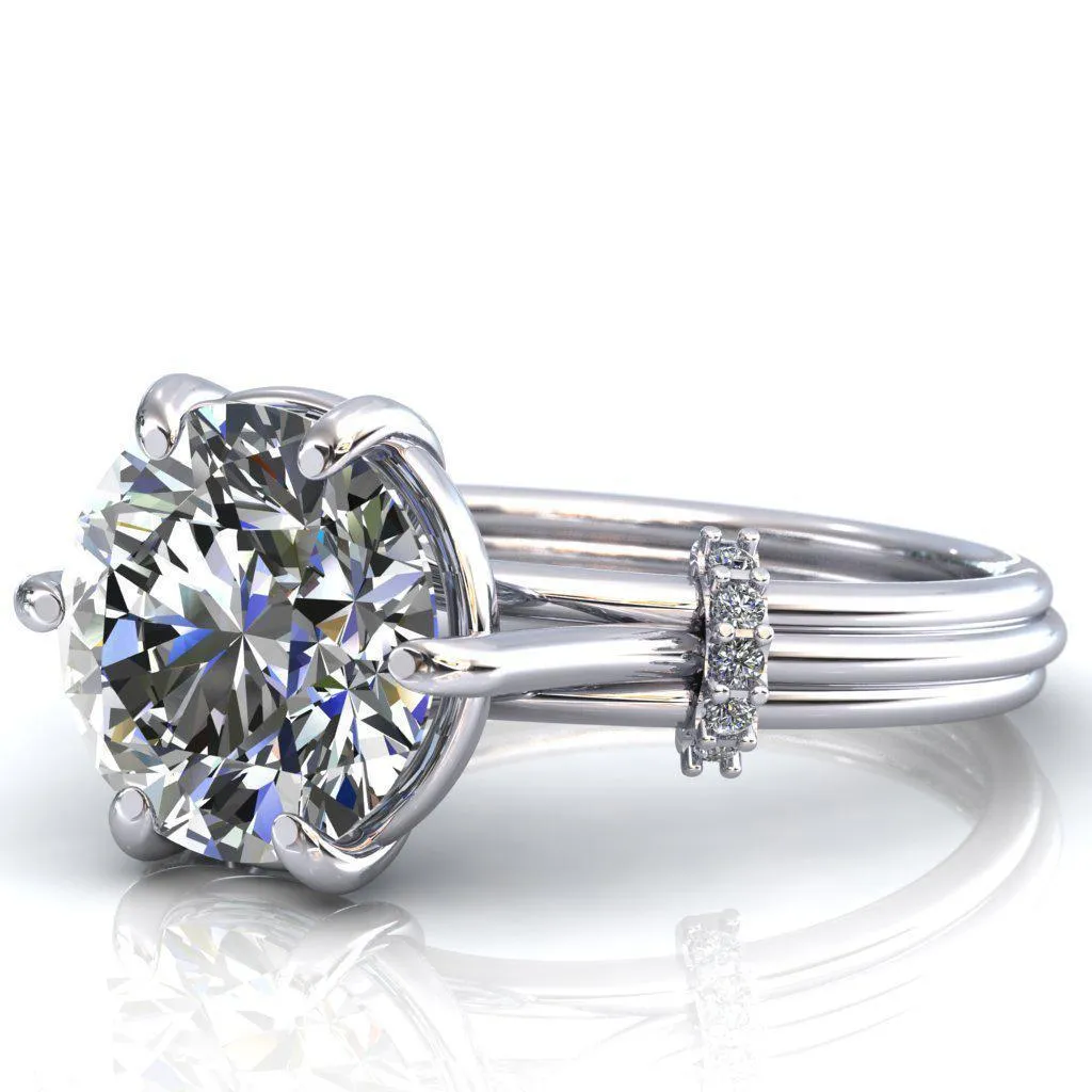 Mona Round Center Stone 6 Claw Prong Diamond Sides Juliette Triple Heart Ring