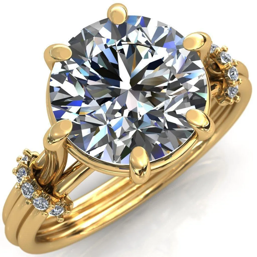 Mona Round Center Stone 6 Claw Prong Diamond Sides Juliette Triple Heart Ring