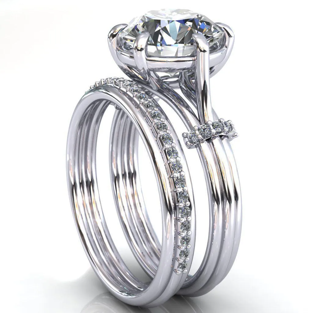 Mona Round Center Stone 6 Claw Prong Diamond Sides Juliette Triple Heart Ring