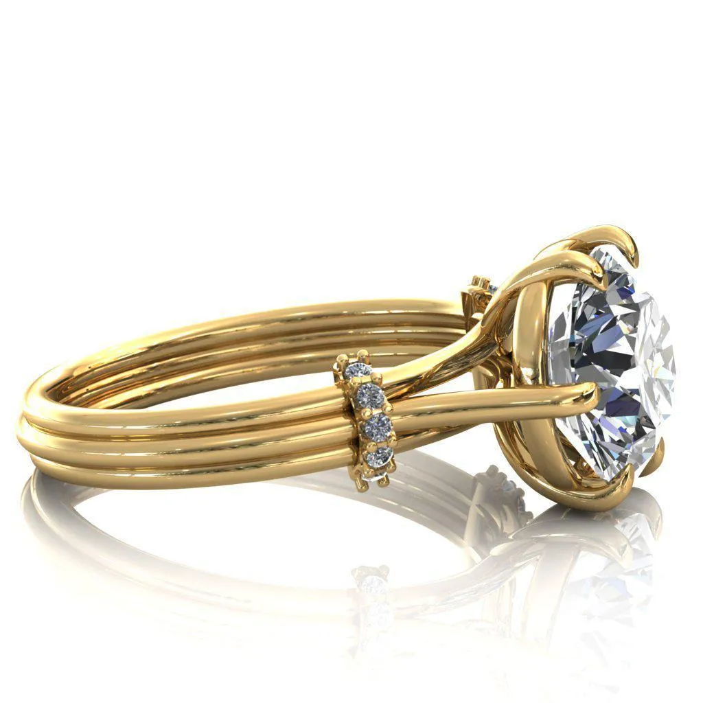 Mona Round Center Stone 6 Claw Prong Diamond Sides Juliette Triple Heart Ring