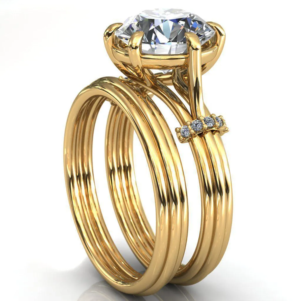 Mona Round Center Stone 6 Claw Prong Diamond Sides Juliette Triple Heart Ring