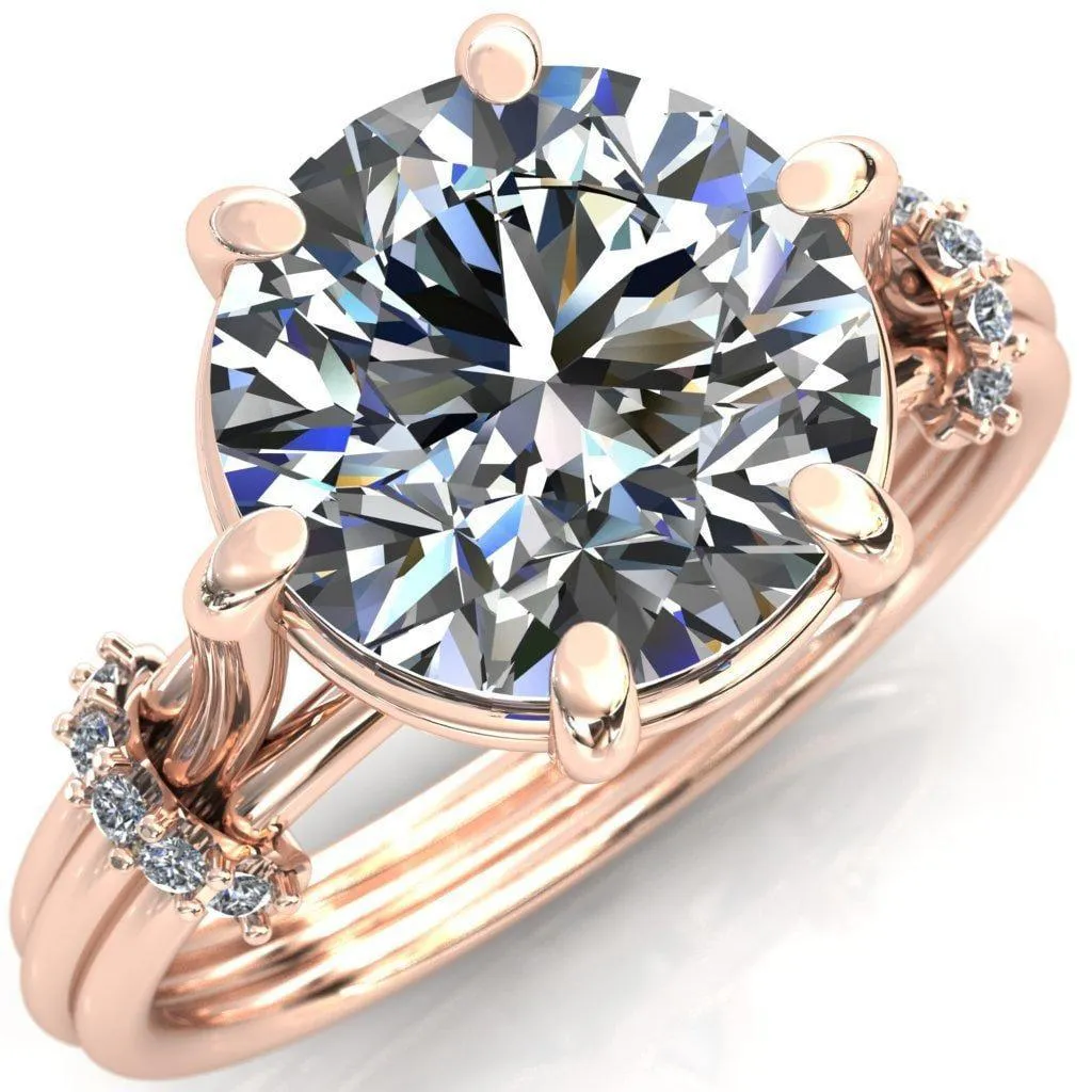 Mona Round Center Stone 6 Claw Prong Diamond Sides Juliette Triple Heart Ring