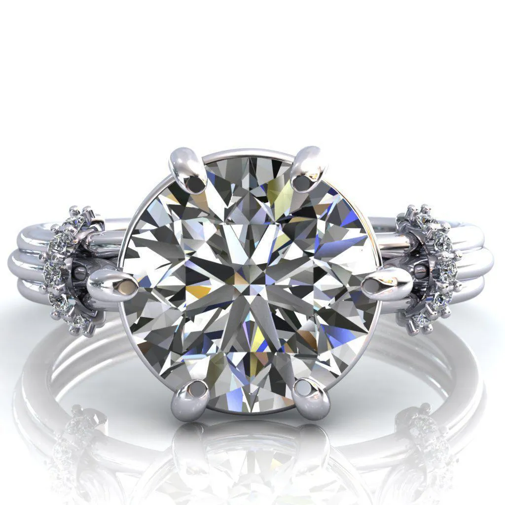 Mona Round Center Stone 6 Claw Prong Diamond Sides Juliette Triple Heart Ring