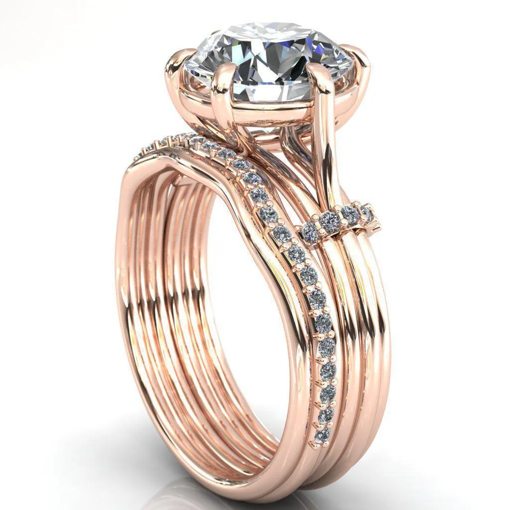 Mona Round Center Stone 6 Claw Prong Diamond Sides Juliette Triple Heart Ring