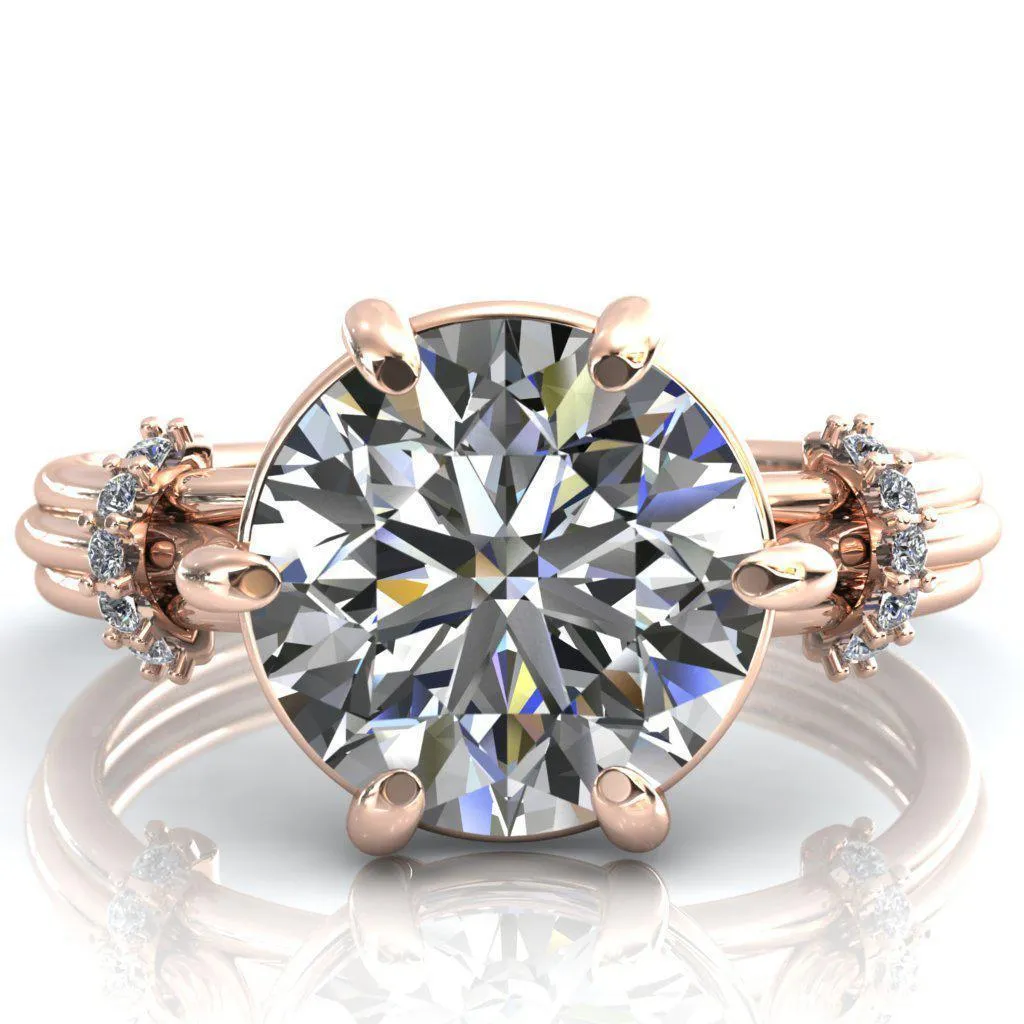 Mona Round Center Stone 6 Claw Prong Diamond Sides Juliette Triple Heart Ring
