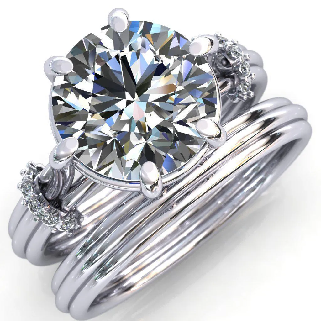 Mona Round Center Stone 6 Claw Prong Diamond Sides Juliette Triple Heart Ring