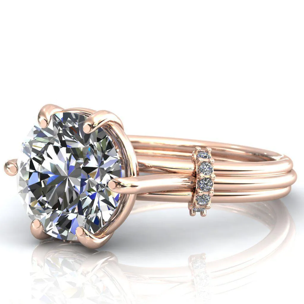 Mona Round Center Stone 6 Claw Prong Diamond Sides Juliette Triple Heart Ring