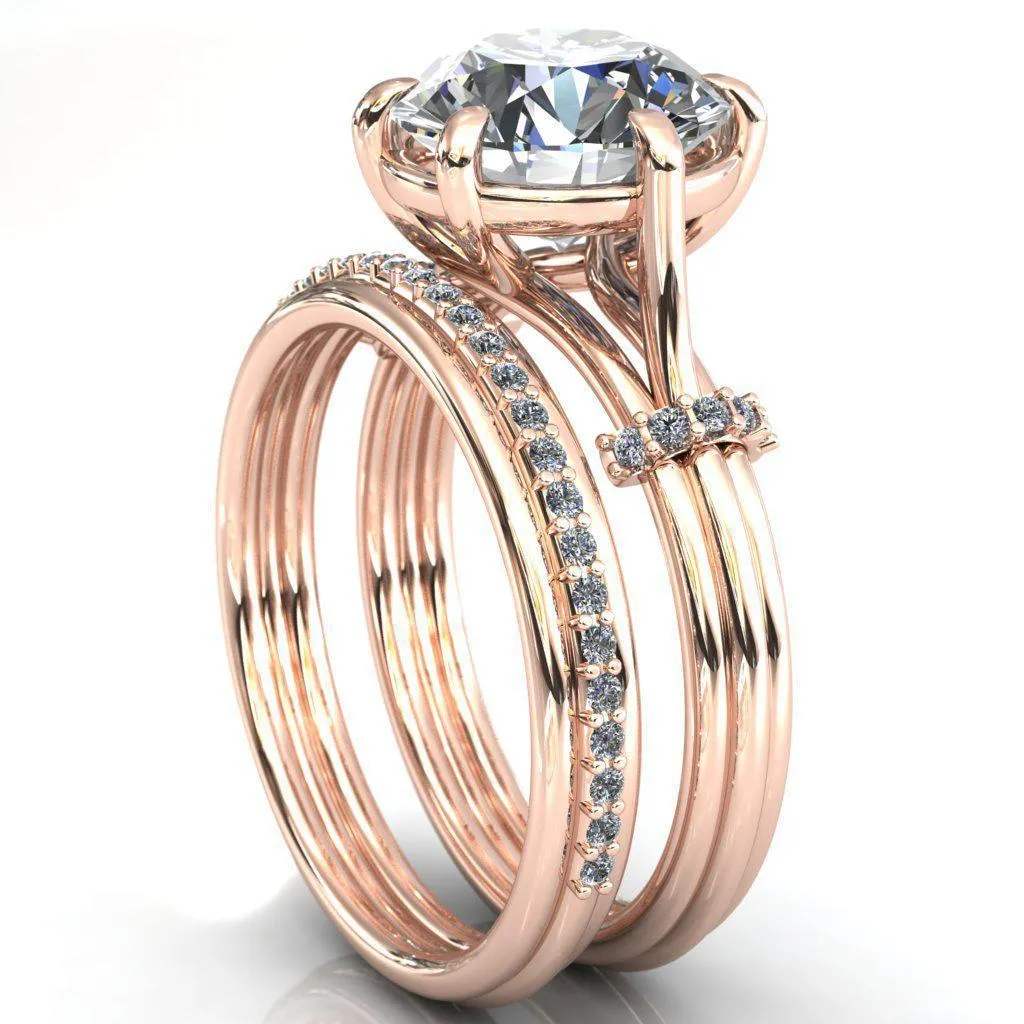 Mona Round Center Stone 6 Claw Prong Diamond Sides Juliette Triple Heart Ring