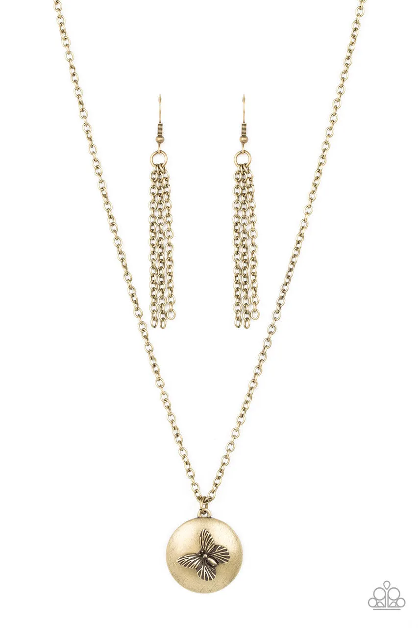 Monarch Meadow - Brass - Butterfly Circle Pendant Paparazzi Short Necklace