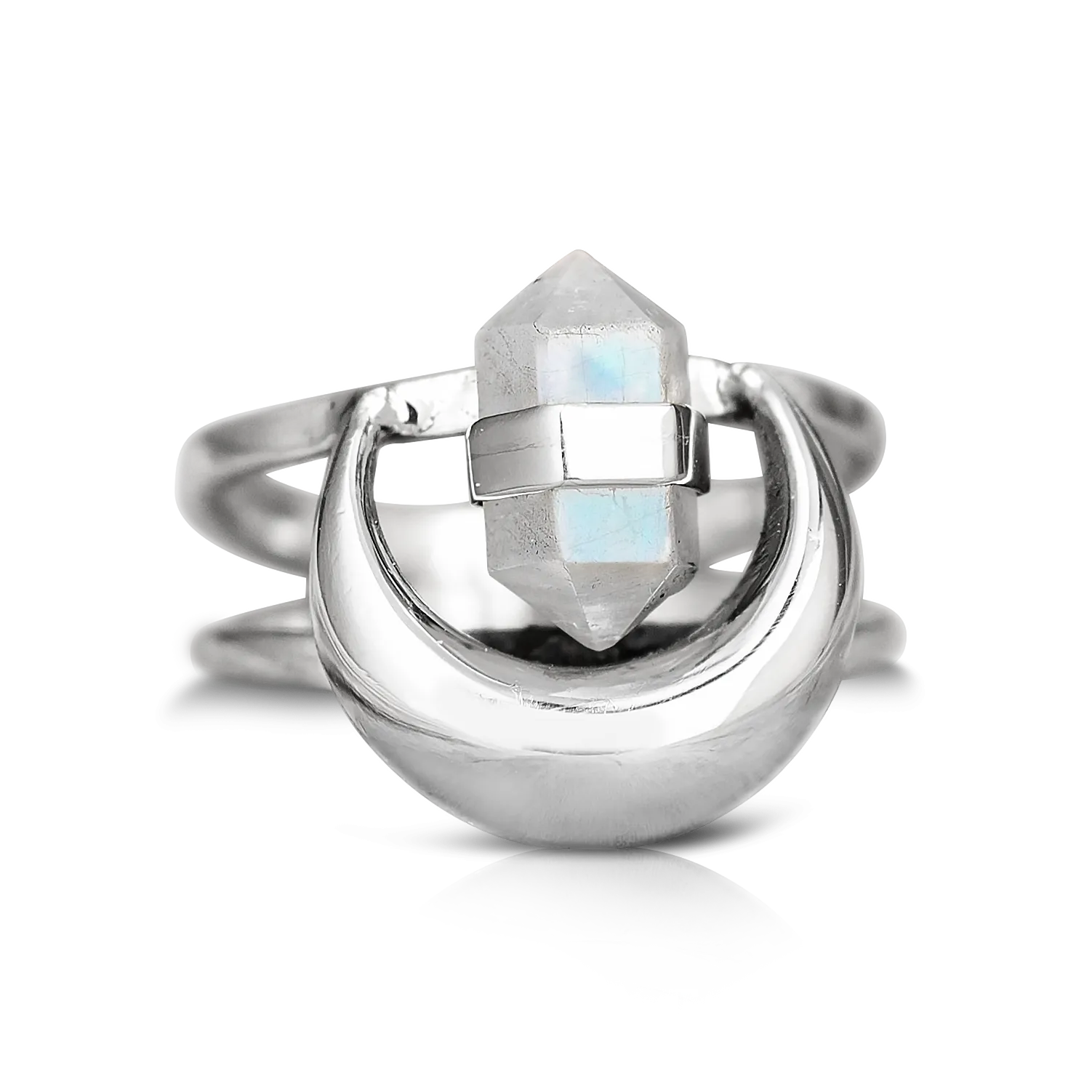 Moonstone Crystal Point Moon Ring Sterling Silver