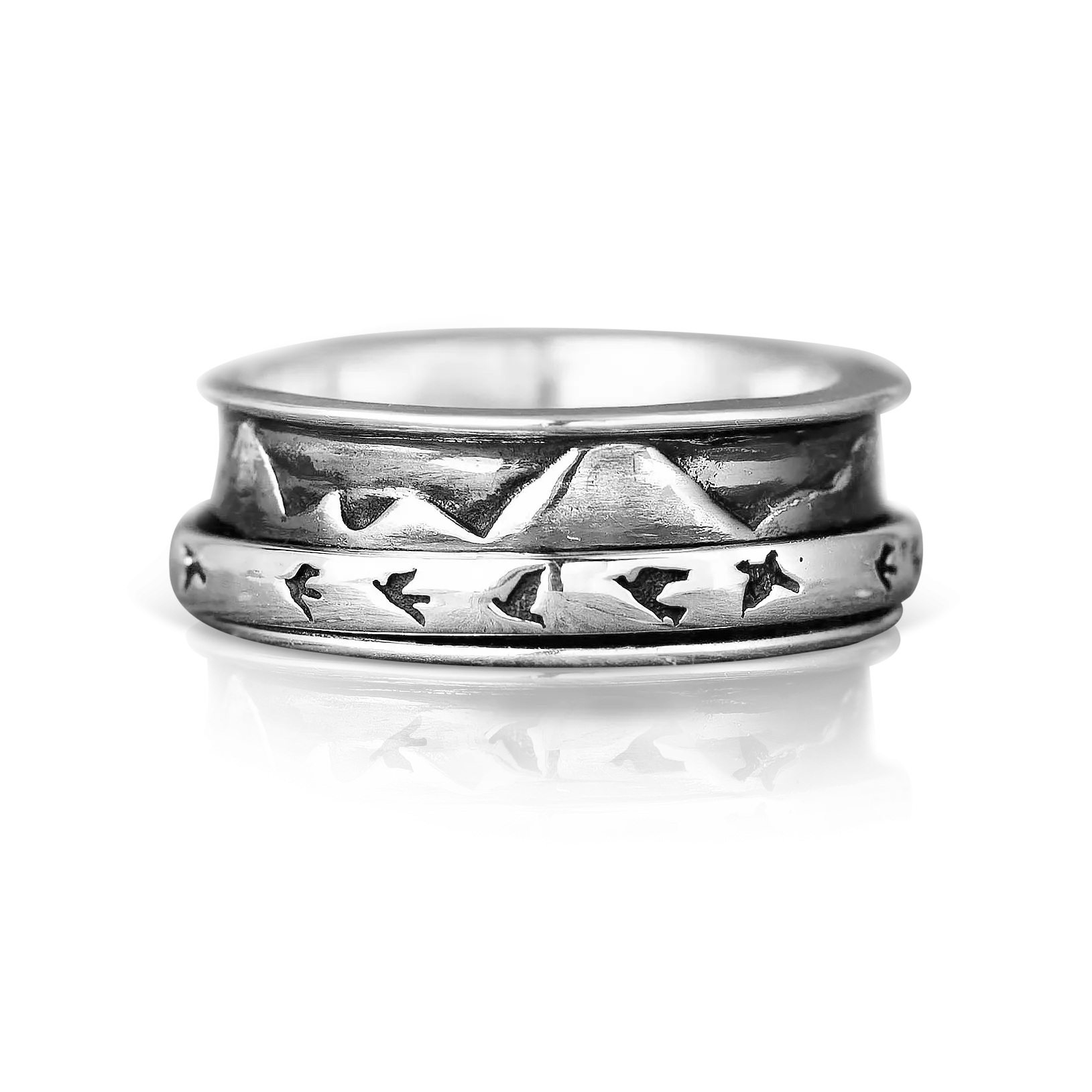 Mountains and Birds Fidget Ring Sterling Silver