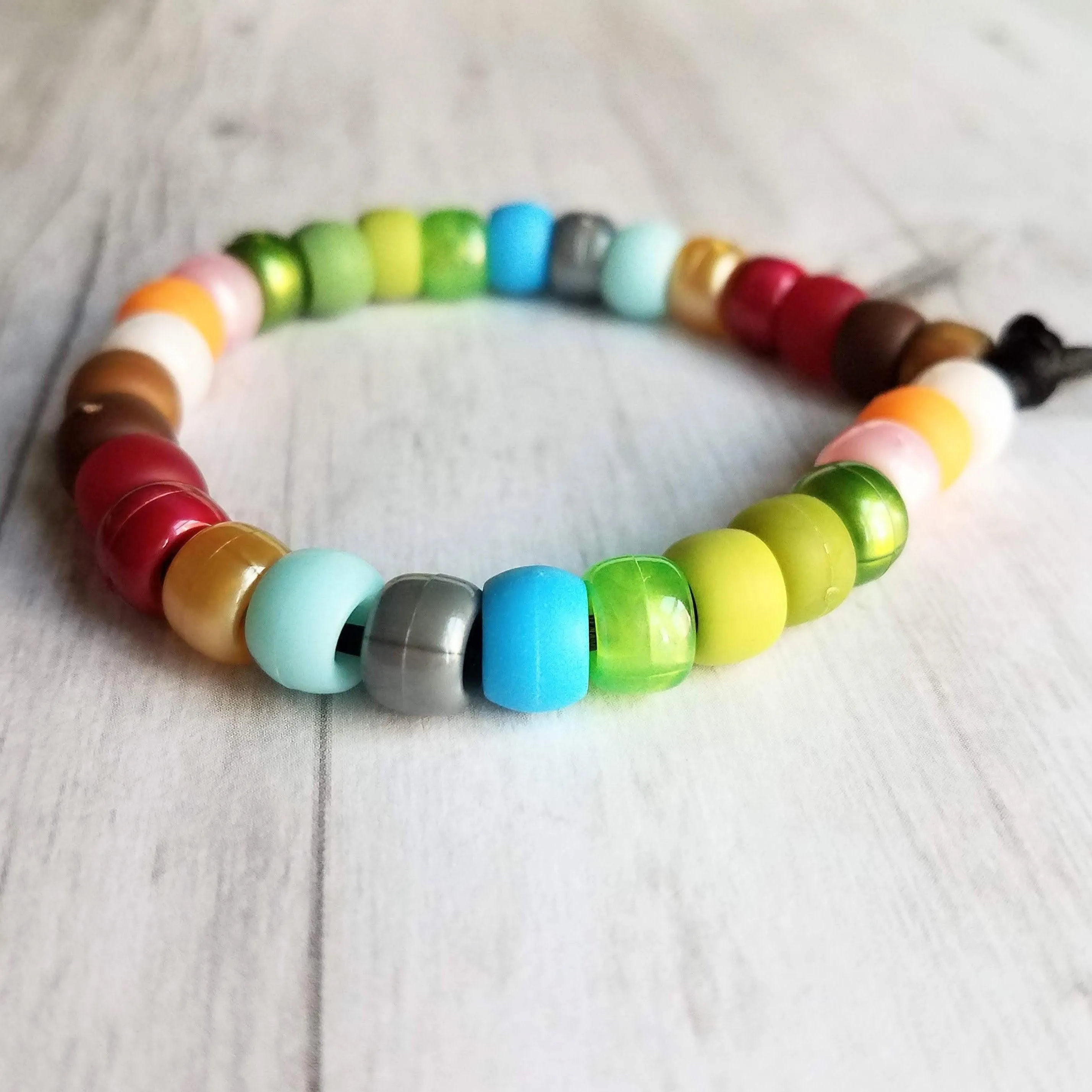 Multicolor Bead Bracelet, designer style bracelet, tie cord bracelet, large roller bead bracelet, faux glass crow beads, big chunky mix VSCO