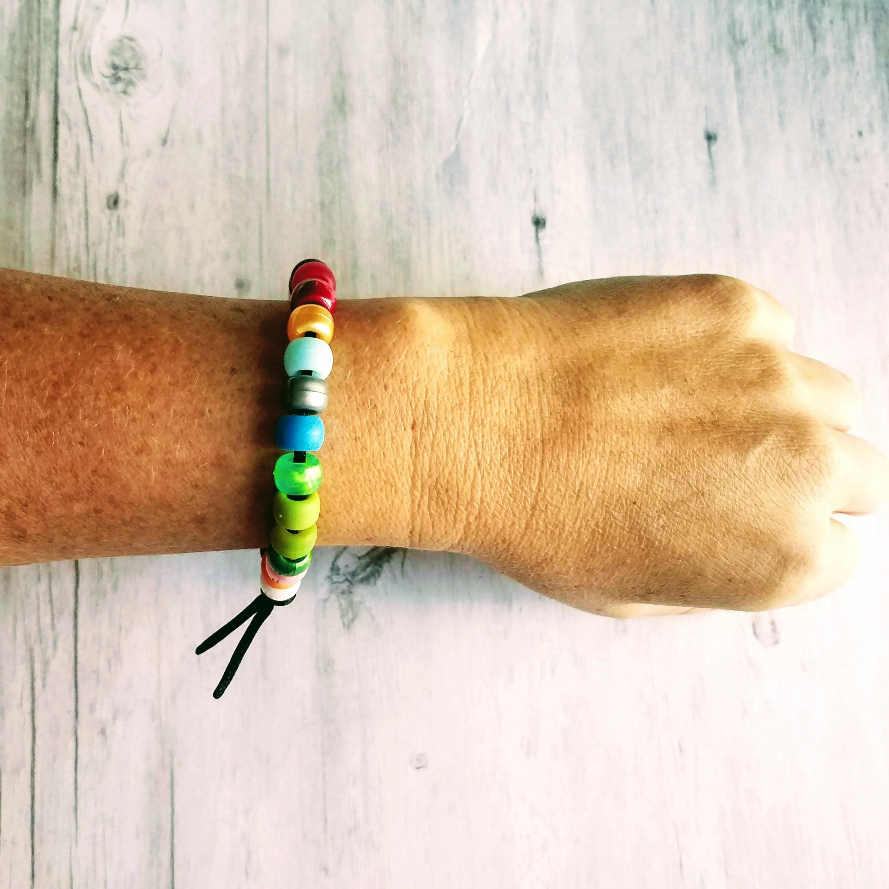 Multicolor Bead Bracelet, designer style bracelet, tie cord bracelet, large roller bead bracelet, faux glass crow beads, big chunky mix VSCO