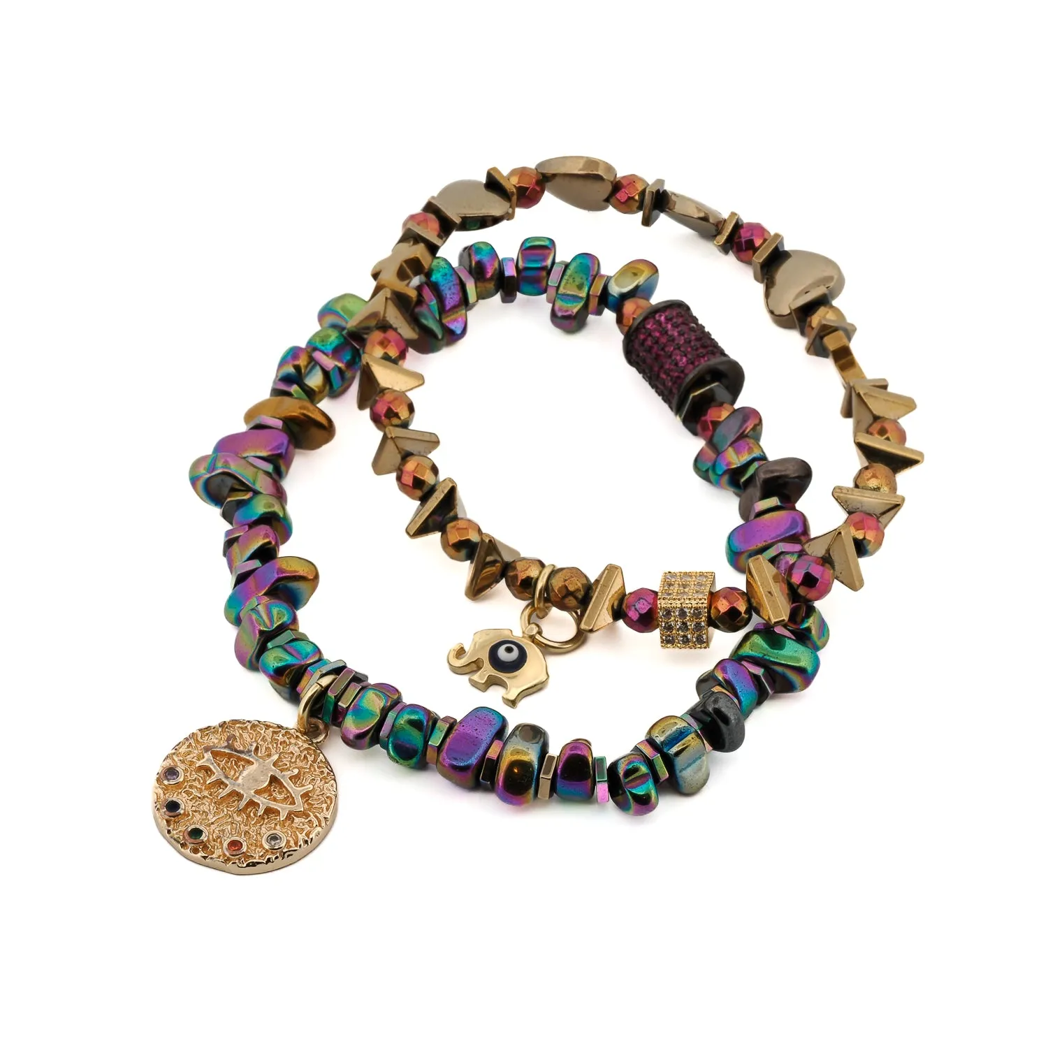 Multicolor Hematite Stone Protective Evil Eye Lucky Elephant Bracelet Set