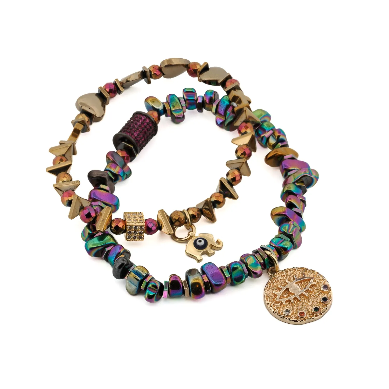 Multicolor Hematite Stone Protective Evil Eye Lucky Elephant Bracelet Set