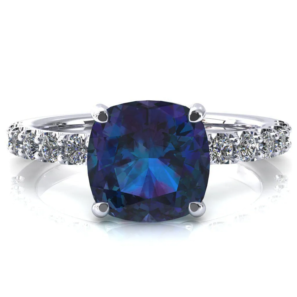 Mylene Cushion Alexandrite 4 Prong Sculptural Half Eternity Diamond Engagement Ring