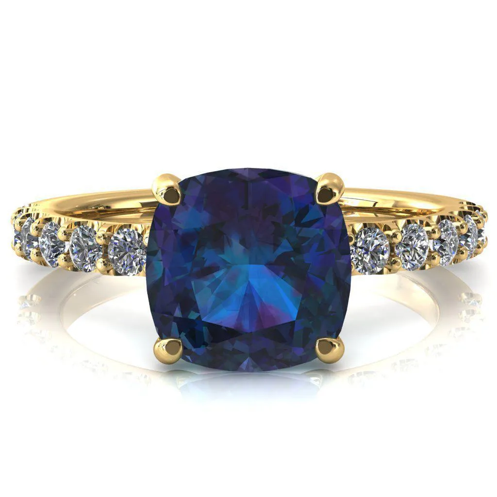 Mylene Cushion Alexandrite 4 Prong Sculptural Half Eternity Diamond Engagement Ring