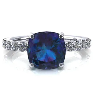 Mylene Cushion Alexandrite 4 Prong Sculptural Half Eternity Diamond Engagement Ring