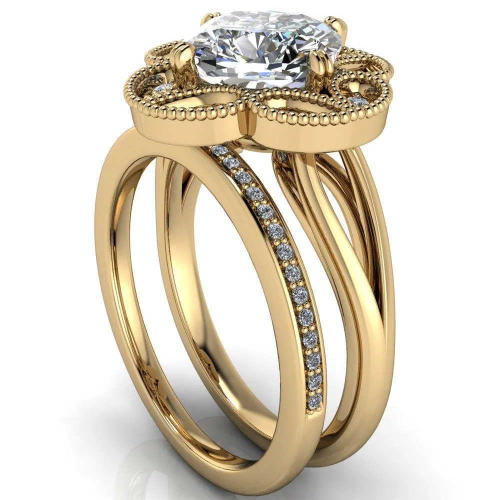 Nalani Cushion Center Stone Split Shank Double Prong Cathedral Set Clover Halo Engagement Ring