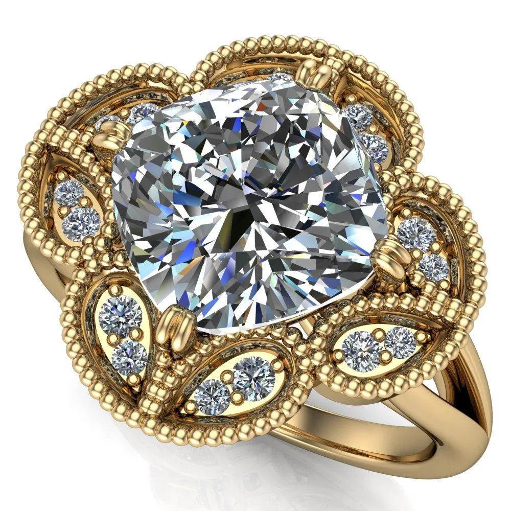 Nalani Cushion Center Stone Split Shank Double Prong Cathedral Set Clover Halo Engagement Ring