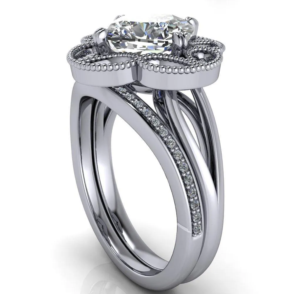 Nalani Cushion Center Stone Split Shank Double Prong Cathedral Set Clover Halo Engagement Ring
