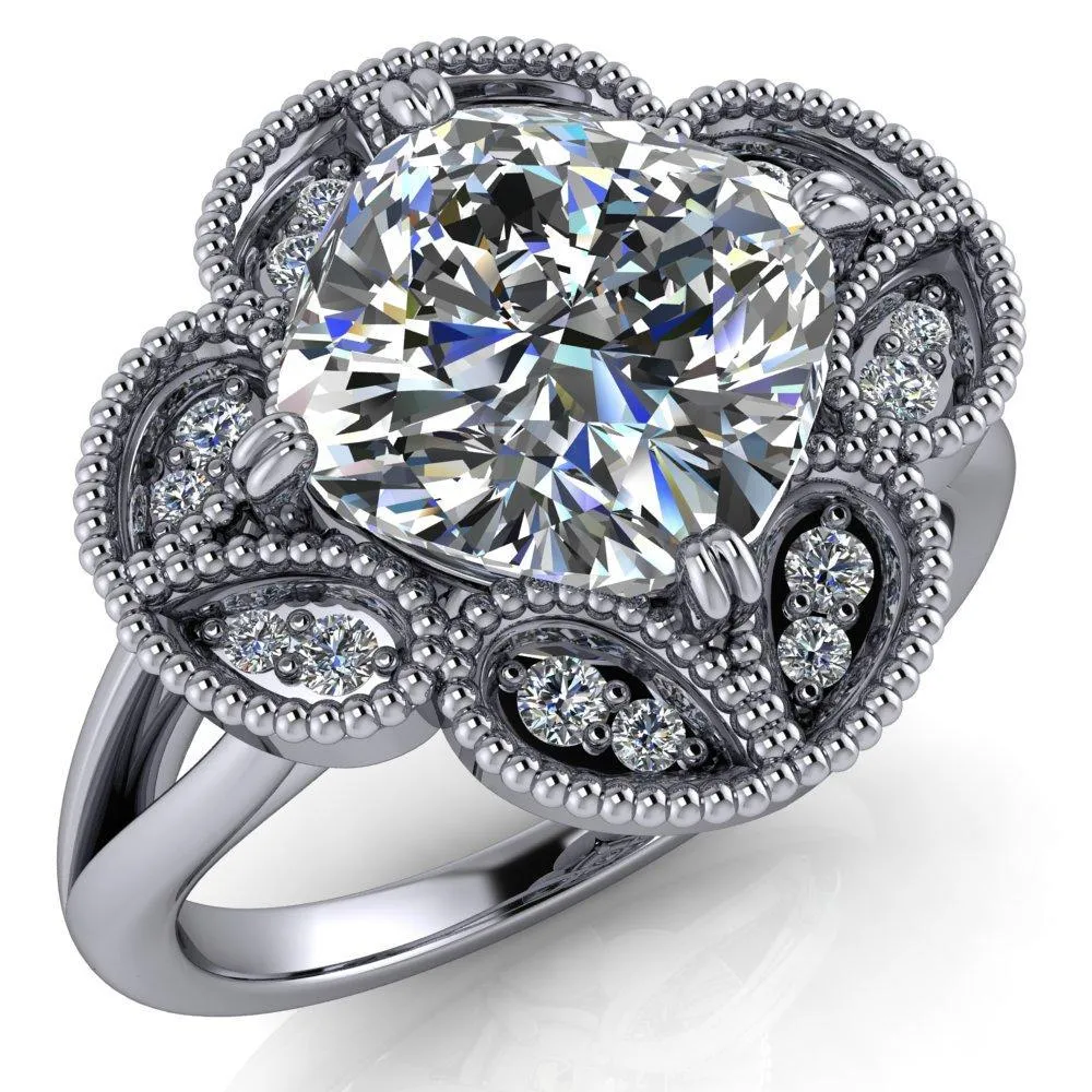 Nalani Cushion Center Stone Split Shank Double Prong Cathedral Set Clover Halo Engagement Ring
