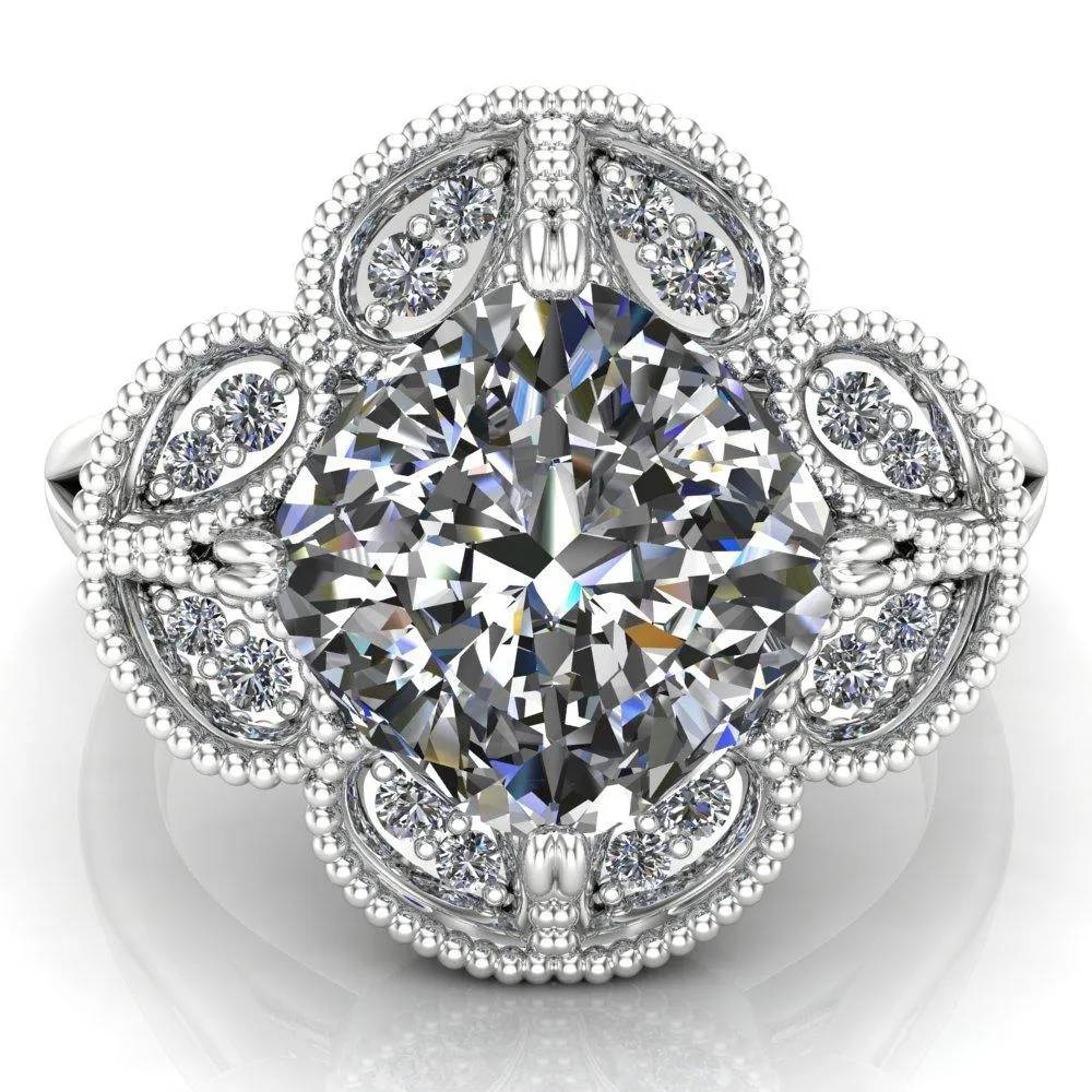Nalani Cushion Center Stone Split Shank Double Prong Cathedral Set Clover Halo Engagement Ring