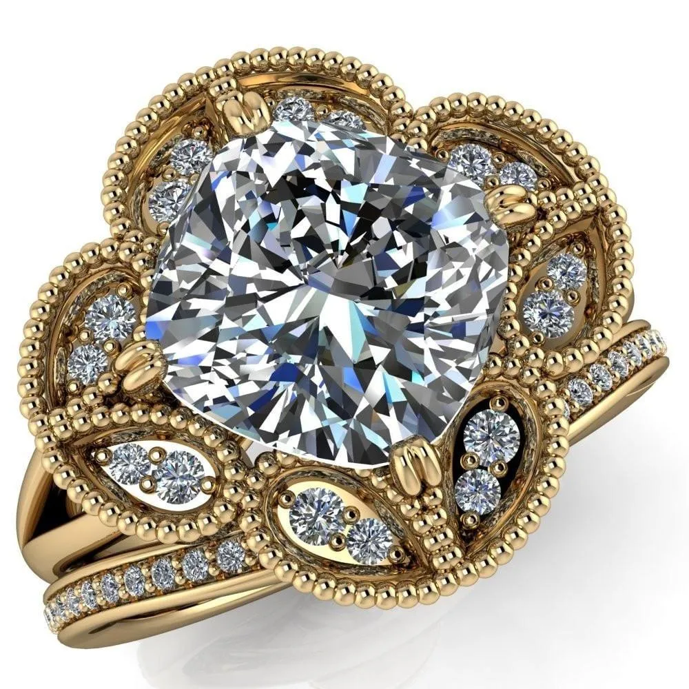 Nalani Cushion Center Stone Split Shank Double Prong Cathedral Set Clover Halo Engagement Ring