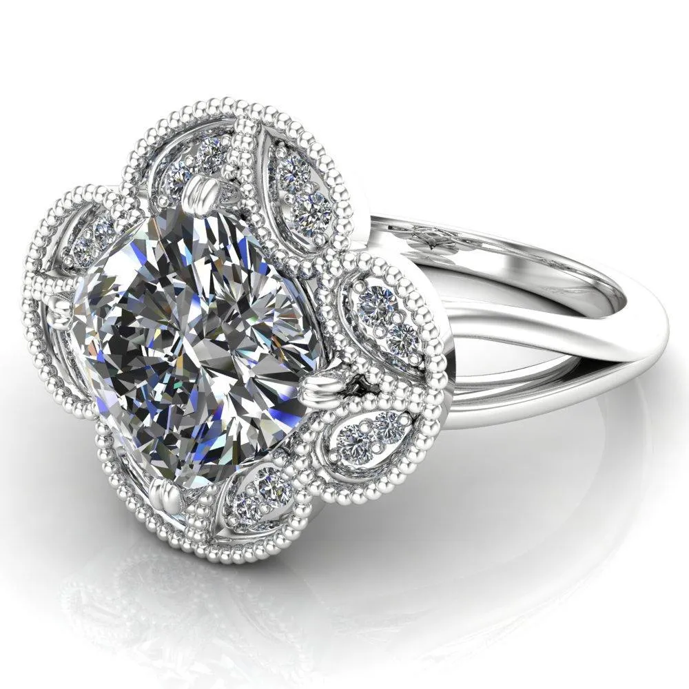Nalani Cushion Center Stone Split Shank Double Prong Cathedral Set Clover Halo Engagement Ring