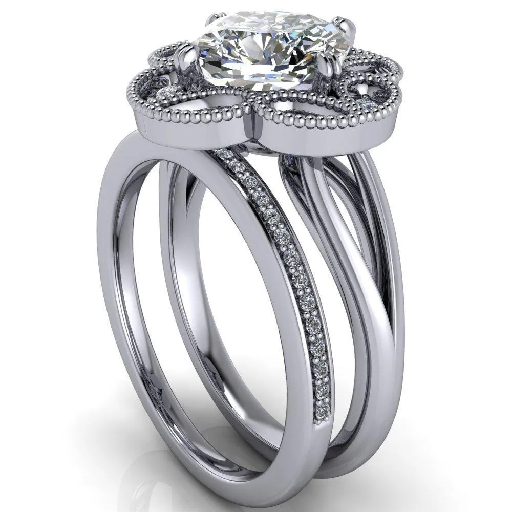 Nalani Cushion Center Stone Split Shank Double Prong Cathedral Set Clover Halo Engagement Ring