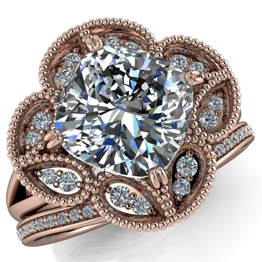 Nalani Cushion Center Stone Split Shank Double Prong Cathedral Set Clover Halo Engagement Ring