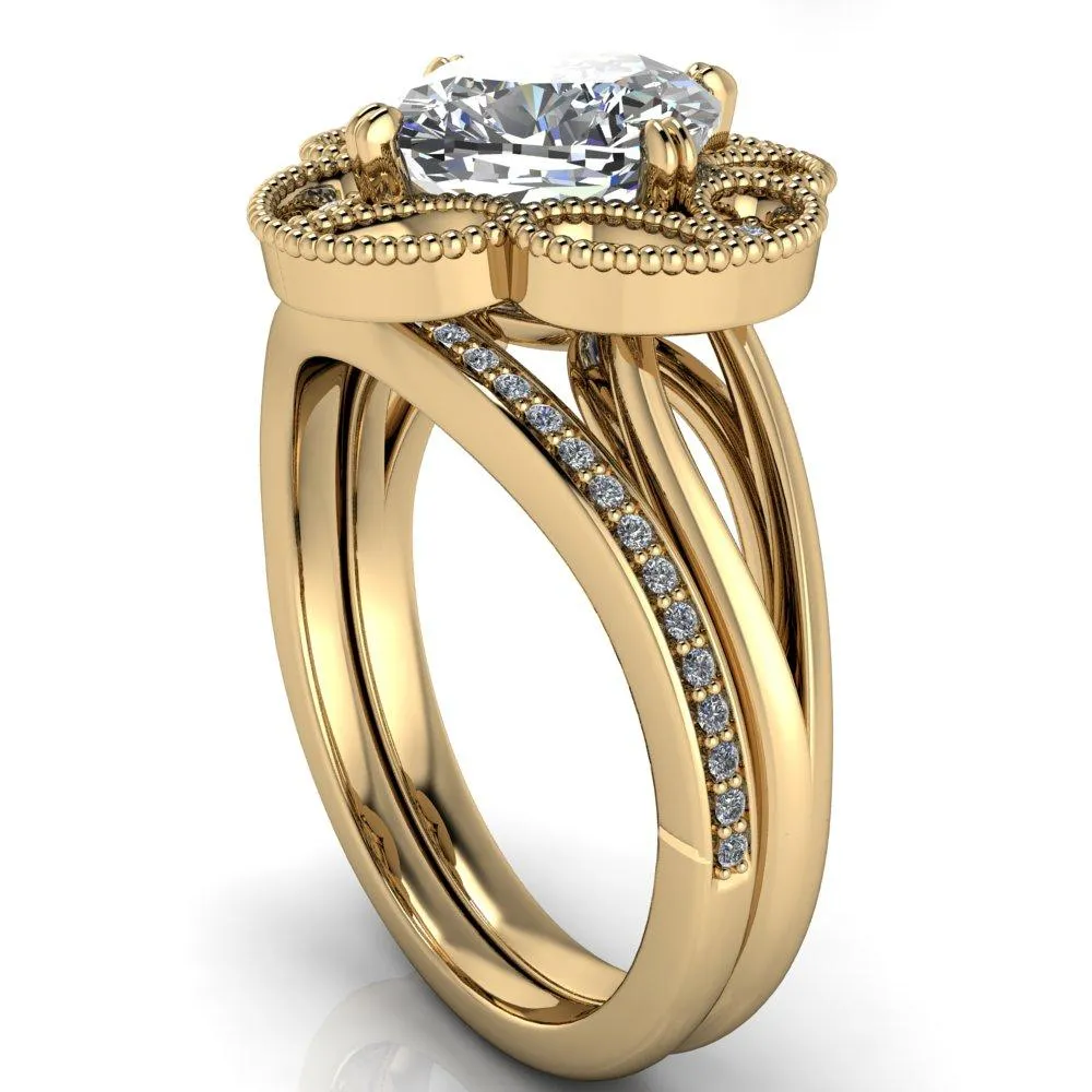 Nalani Cushion Center Stone Split Shank Double Prong Cathedral Set Clover Halo Engagement Ring