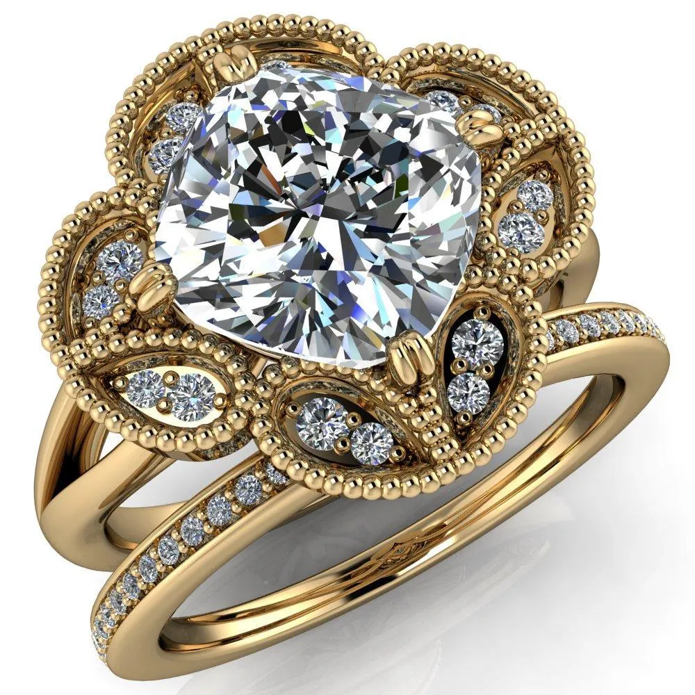 Nalani Cushion Center Stone Split Shank Double Prong Cathedral Set Clover Halo Engagement Ring