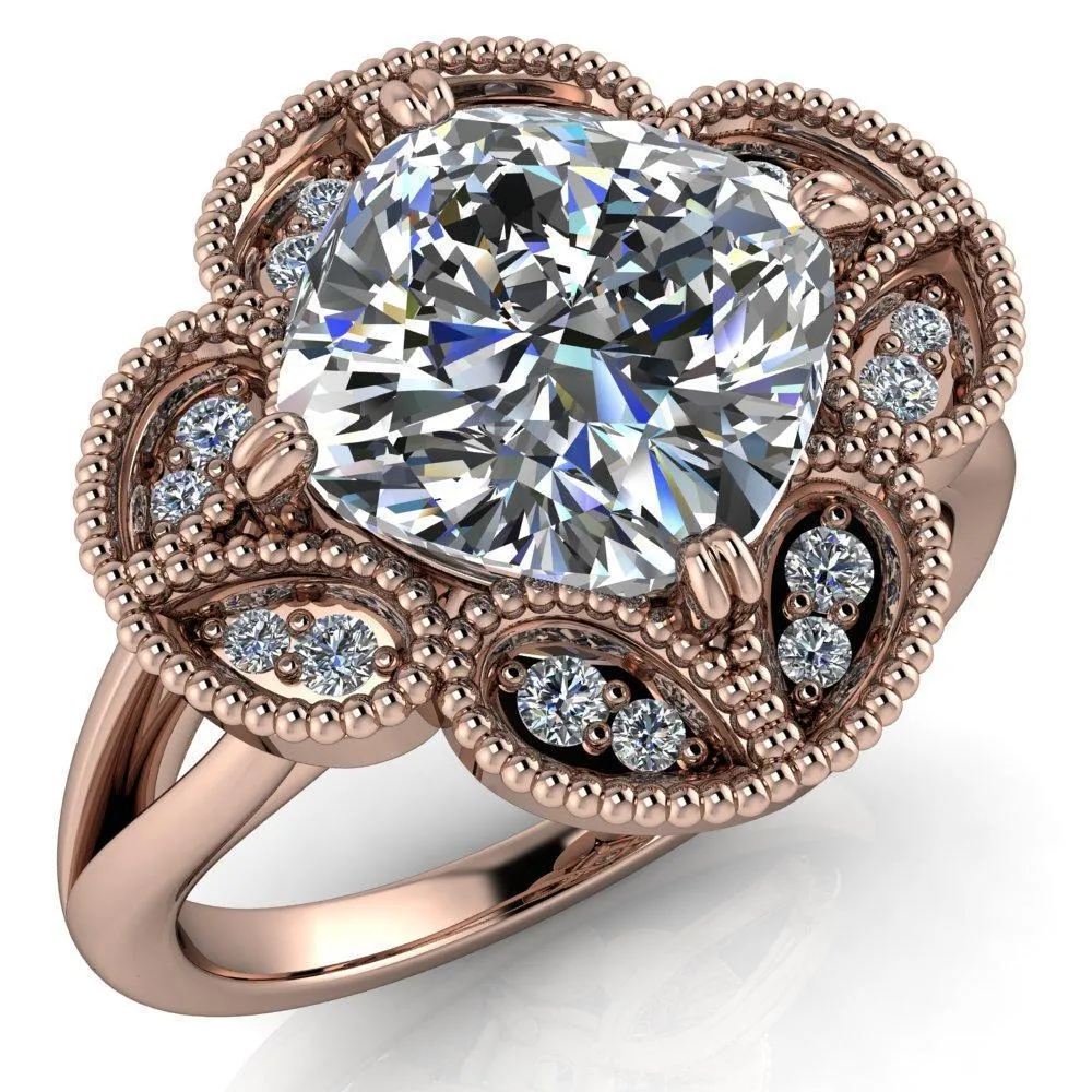 Nalani Cushion Center Stone Split Shank Double Prong Cathedral Set Clover Halo Engagement Ring