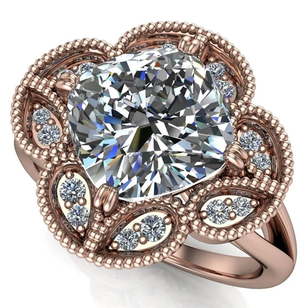 Nalani Cushion Center Stone Split Shank Double Prong Cathedral Set Clover Halo Engagement Ring