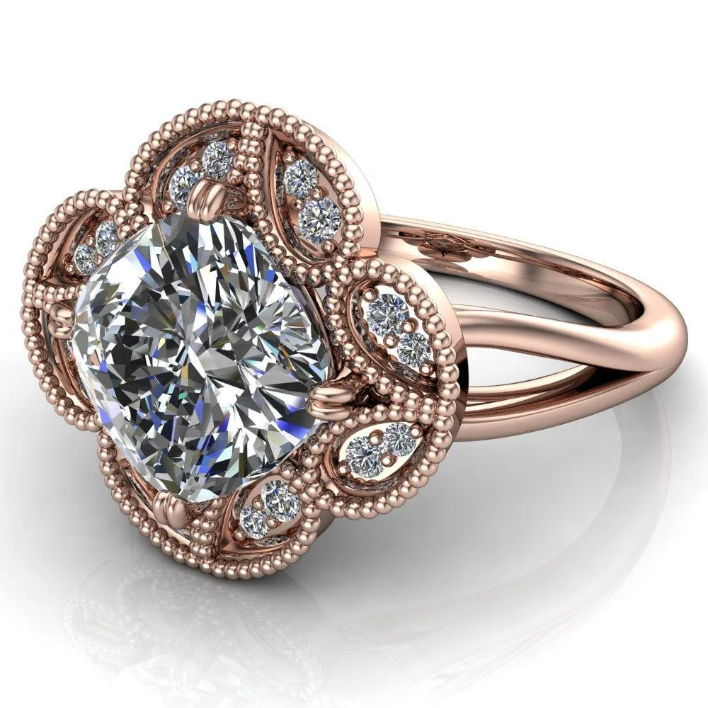 Nalani Cushion Center Stone Split Shank Double Prong Cathedral Set Clover Halo Engagement Ring