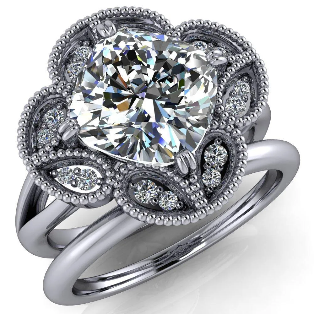 Nalani Cushion Center Stone Split Shank Double Prong Cathedral Set Clover Halo Engagement Ring