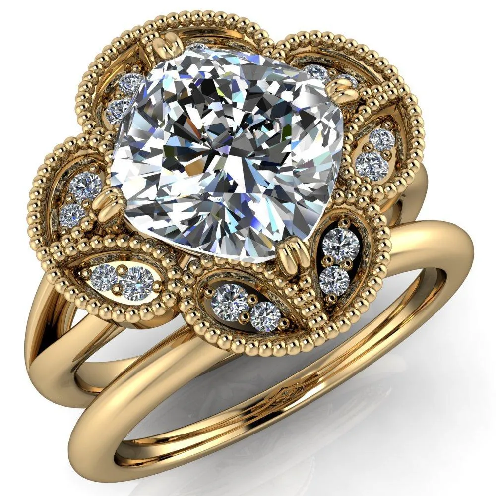 Nalani Cushion Center Stone Split Shank Double Prong Cathedral Set Clover Halo Engagement Ring