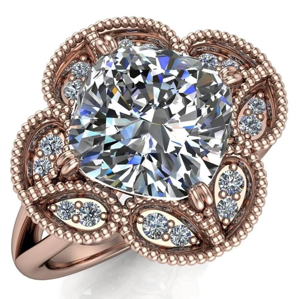 Nalani Cushion Center Stone Split Shank Double Prong Cathedral Set Clover Halo Engagement Ring