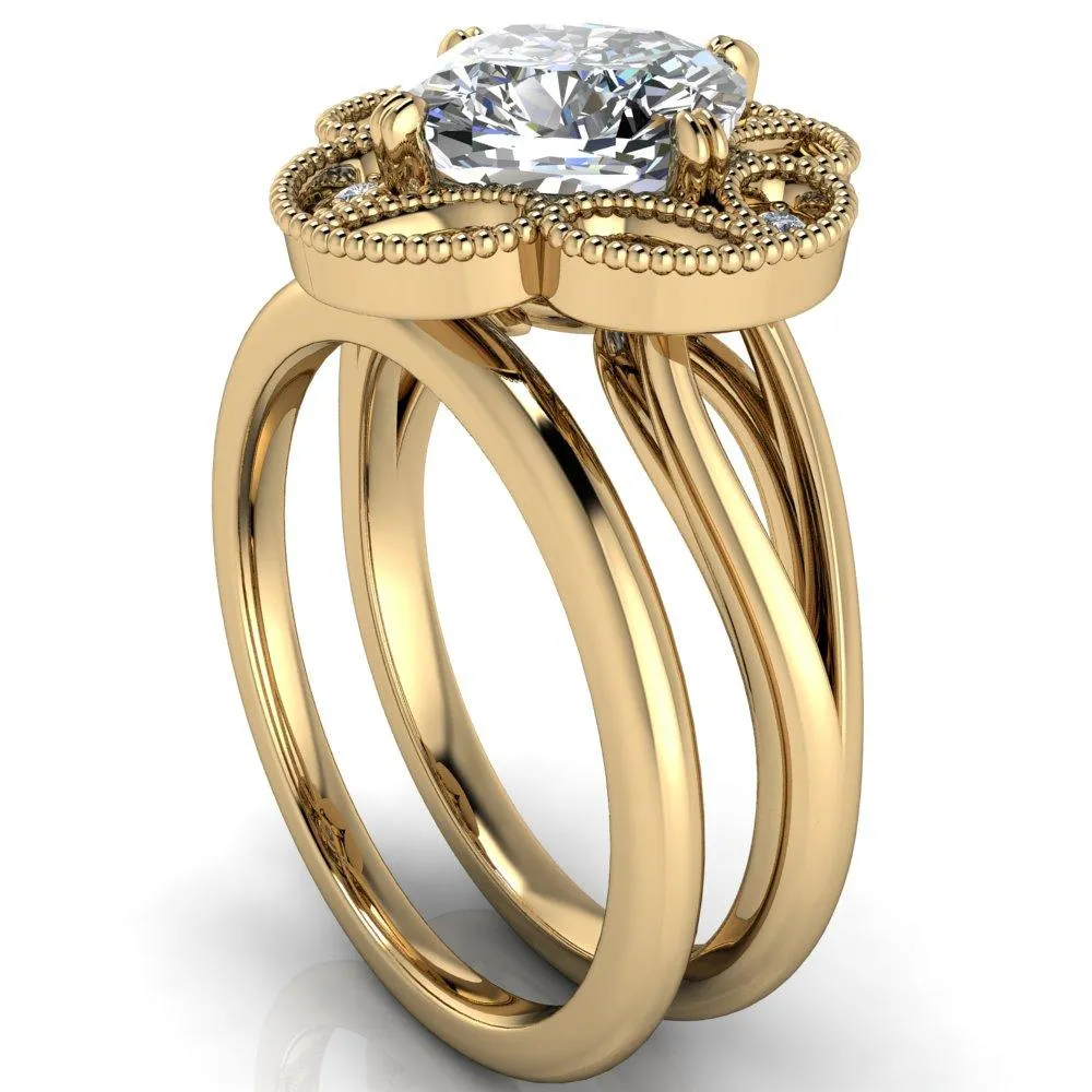 Nalani Cushion Center Stone Split Shank Double Prong Cathedral Set Clover Halo Engagement Ring