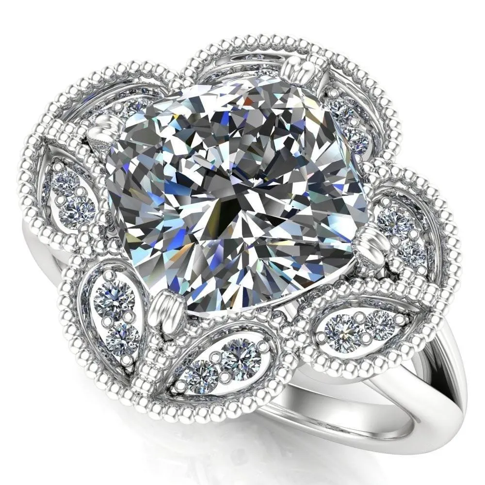Nalani Cushion Center Stone Split Shank Double Prong Cathedral Set Clover Halo Engagement Ring